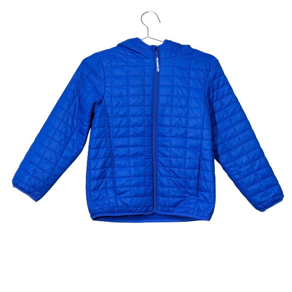 Cat & Jack Puffer Jacket Boys M 8 Blue Hooded Quilted Fleece Lined